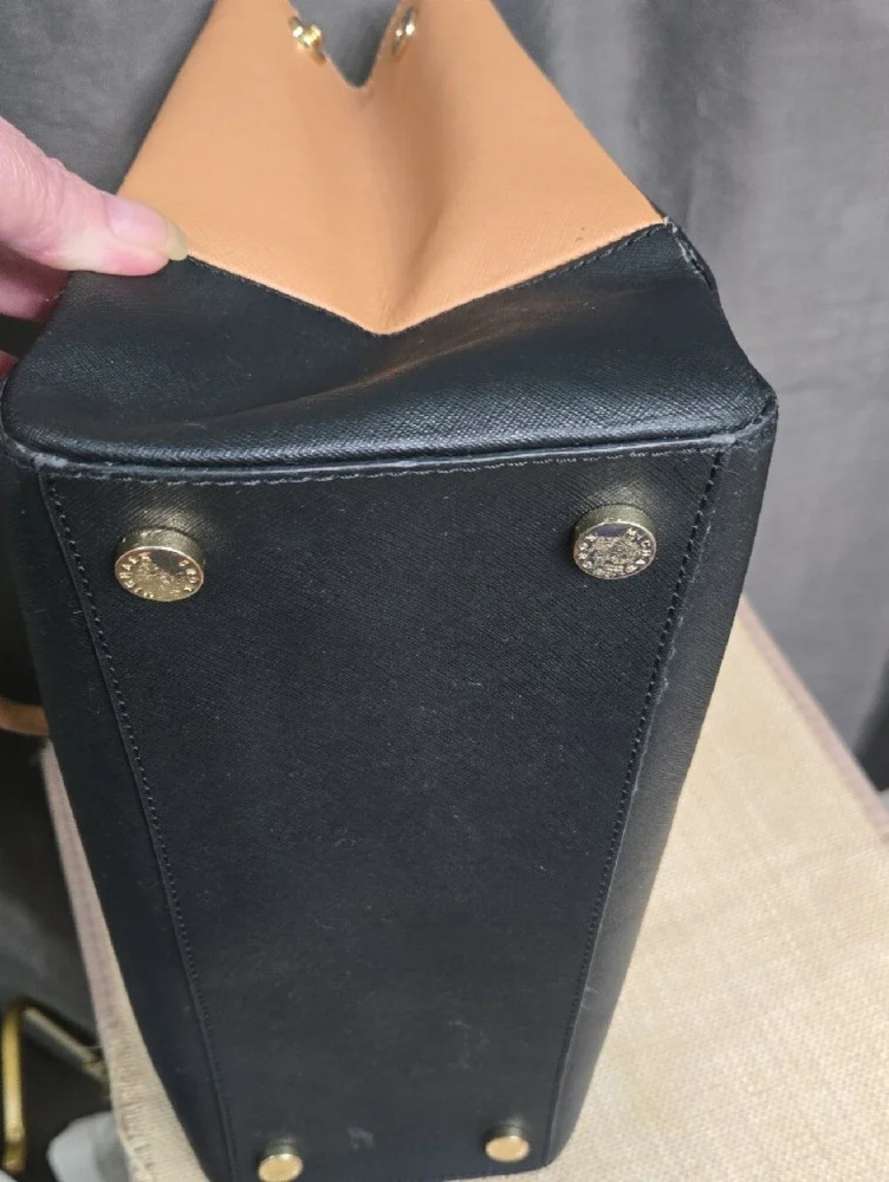 SALE! Michael Kors Beige and Black Leather Satchel with Gold MK Charm